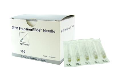HYPODERMIC NEEDLES (100) 27G - 0.5 inches